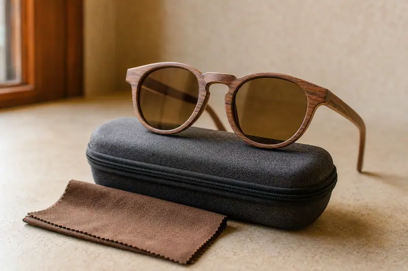Monture de lunettes de soleil en bois posée sur un étui rigide avec chiffon microfibre