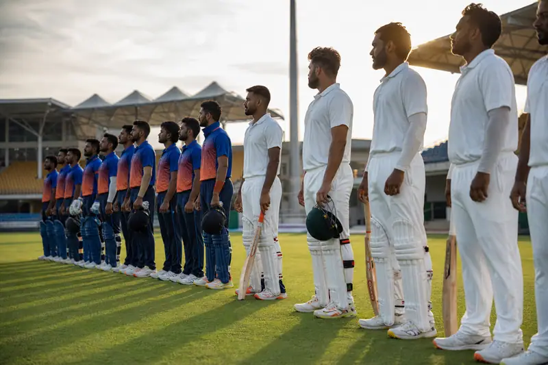 Joueurs de cricket en tenues blanches et colorées alignés avant un match sur une pelouse