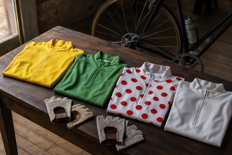 Maillots jaune, vert, à pois et blanc de cyclisme soigneusement présentés sur une table