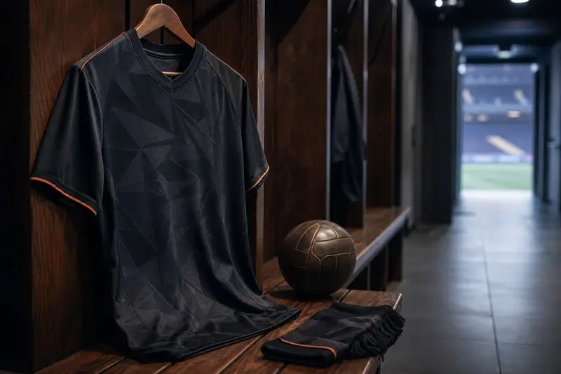 Maillot third de football alternatif exposé avec écharpe et ballon dans un vestiaire sobre