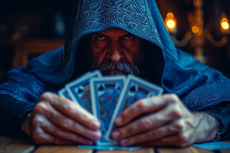 Magicien débutant s’entraînant à faire voyager un élastique entre ses doigts sur une table