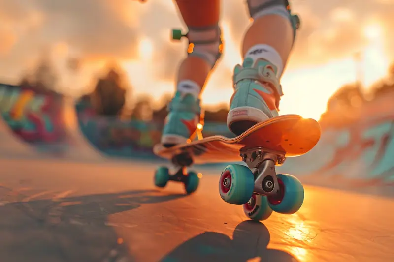 Patineur équipé de protections apprenant à freiner sur une piste lisse et dégagée