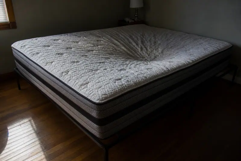 Matelas nu sur un lit, un creux visible marqué au centre sous une lumière rasante