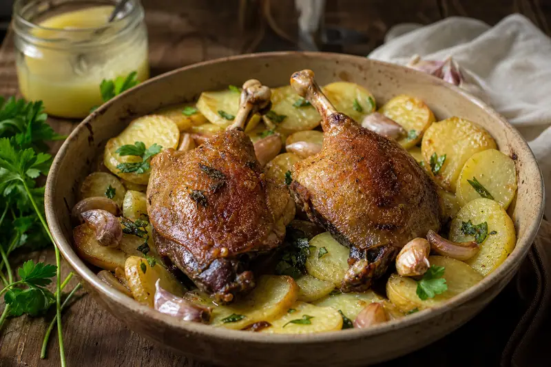 Cuisses de canard confites dorées au four avec pommes de terre sarladaises