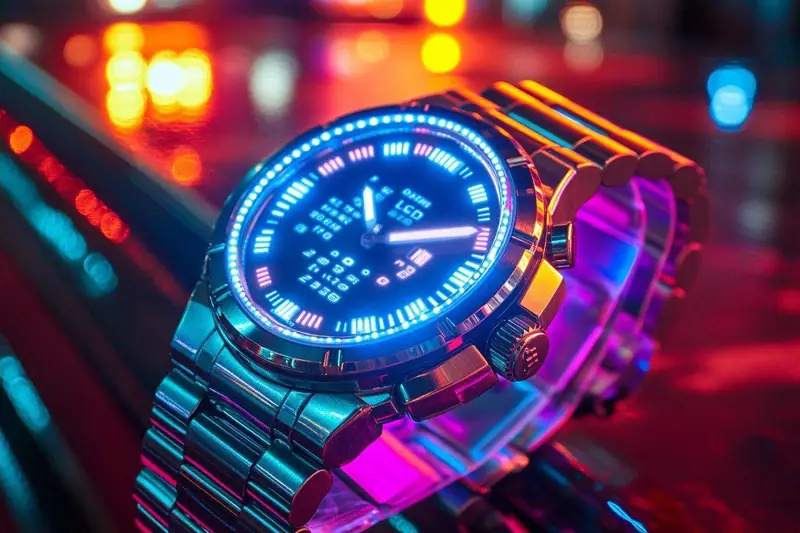 Montre numérique à affichage rouge lumineux sur poignet avec tenue noire au style techno