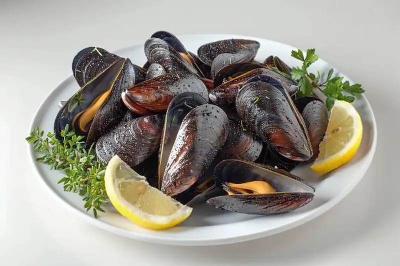 Moules congelées crues cuisant dans une cocotte avec vapeur et herbes fraîches