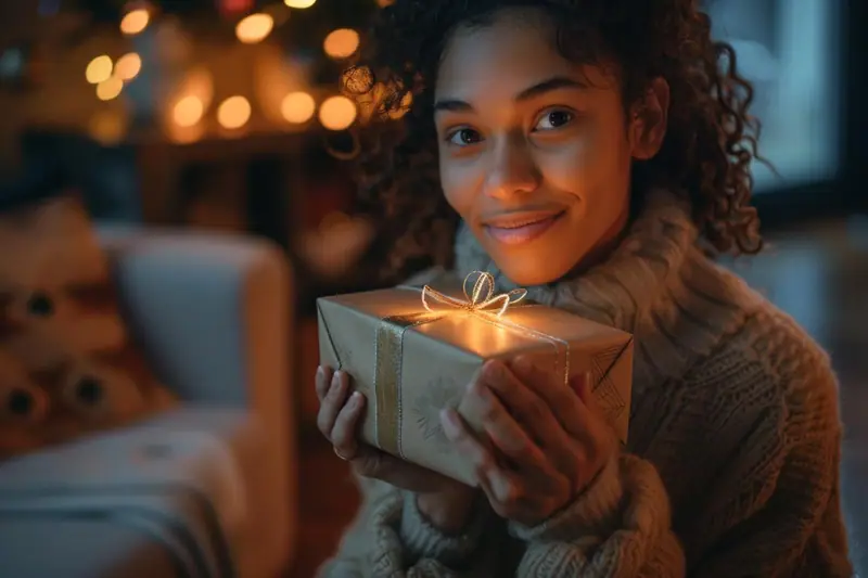 Une personne hésite devant un petit cadeau et une carte après une rupture amoureuse