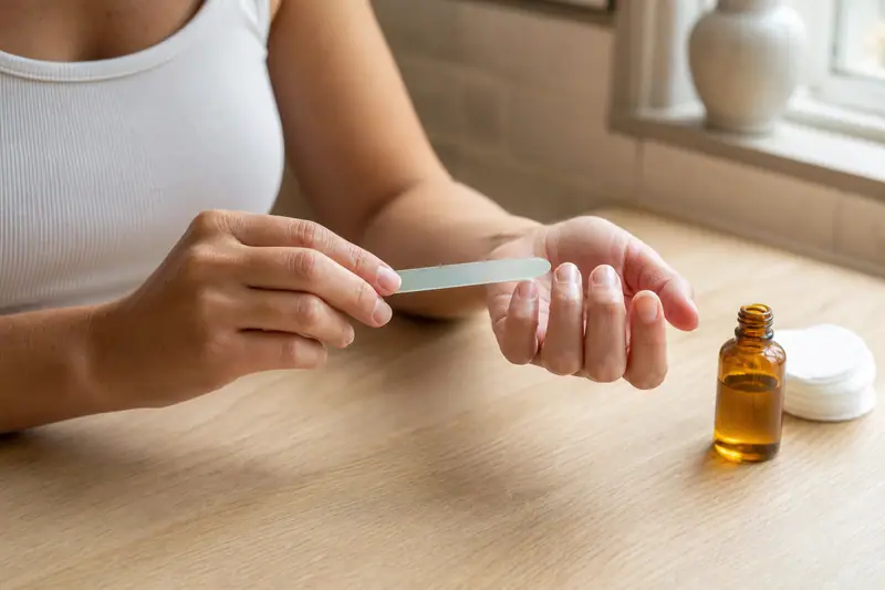 Mains limant un ongle avec une lime en verre près d’un flacon d’huile de soin