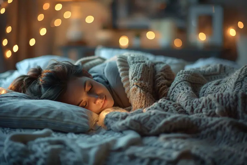 Personne de dos dans une chambre calme au petit matin, assise au bord du lit lumineux