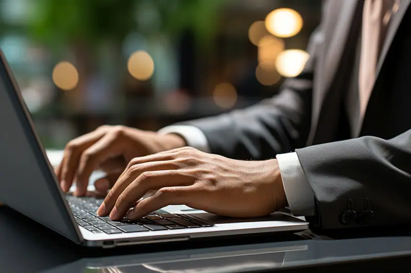 Professionnelle travaillant son profil LinkedIn sur ordinateur dans un espace de coworking lumineux