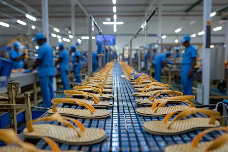 Paire de tongs colorées en caoutchouc sur une table d’atelier de fabrication brésilien