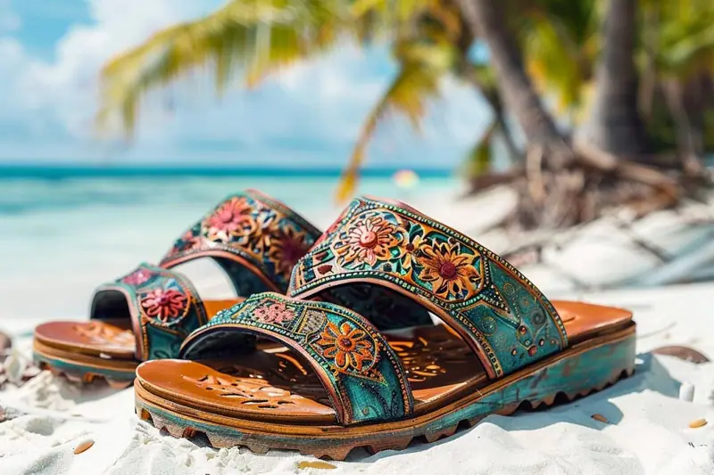 Femme essayant des sandales en cuir tressé dans une boutique lumineuse aux tons estivaux