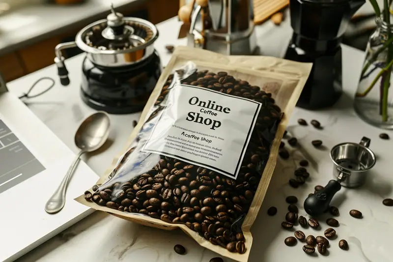 Sachets de café en grain fraîchement torréfié, moulin manuel et tasse sur un plan de travail