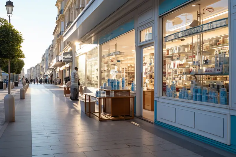 Devanture de pharmacie éclairée de nuit dans un quartier résidentiel de Marseille
