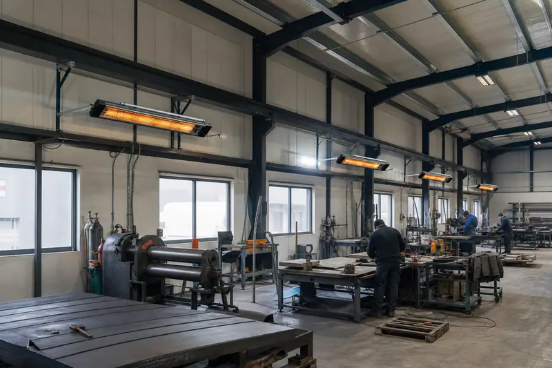 Radiant lumineux encadré d’aluminium installé au plafond d’un atelier aux postes de travail ciblés