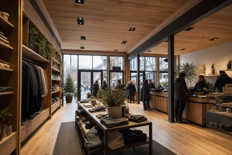 Panneaux radiants installés au plafond d’un commerce lumineux avec zone de caisse et vitrines