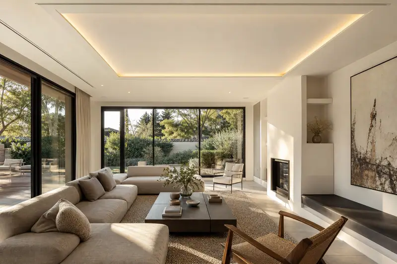Panneau radiant lumineux encastré dans un faux plafond moderne au-dessus d’un salon lumineux