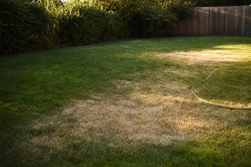 Pelouse de jardin marquée de larges plaques jaunes et sèches à côté de zones vertes, tuyau d’arrosage posé au sol