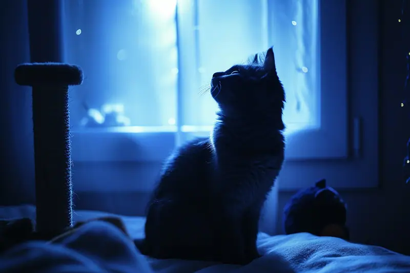 Chat domestique éveillé la nuit près d’une fenêtre, dans un salon éclairé par une lumière douce