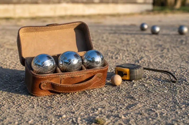 Triplette de pétanque en acier dans un étui en cuir avec mètre ruban sur terrain de gravier