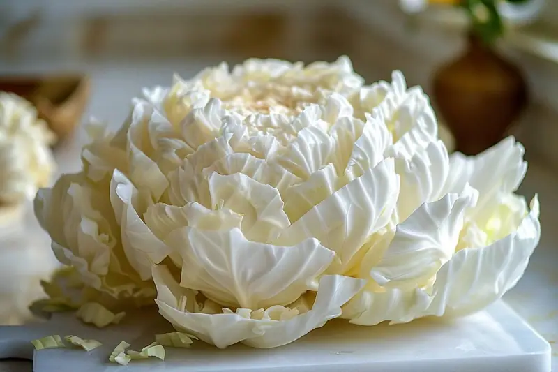 Chou blanc émincé, blanchi puis réparti dans des sachets de congélation sur un plan de cuisine