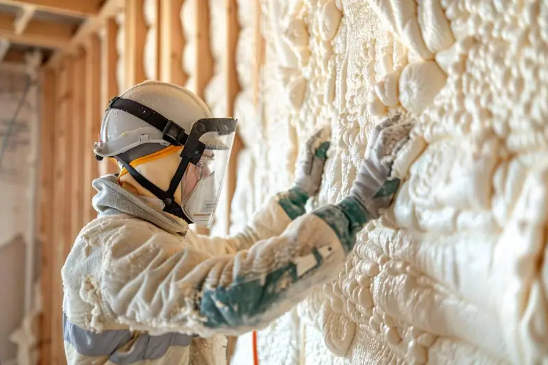 Bricoleur équipé posant un panneau isolant rigide en polyuréthane sur un mur intérieur sec