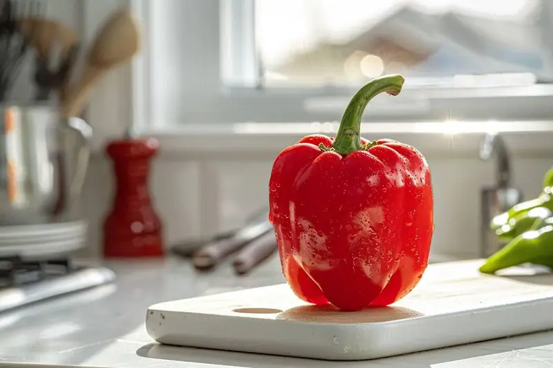 Piments rouges et verts découpés sur une plaque avant congélation en sachets hermétiques