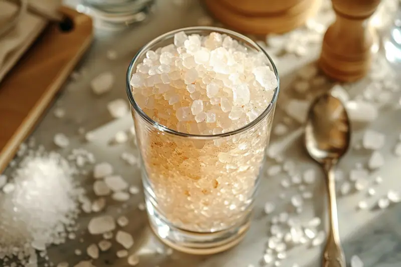 Grains de gros sel et bulles visibles dans un verre d’eau gazeuse éclairé de côté