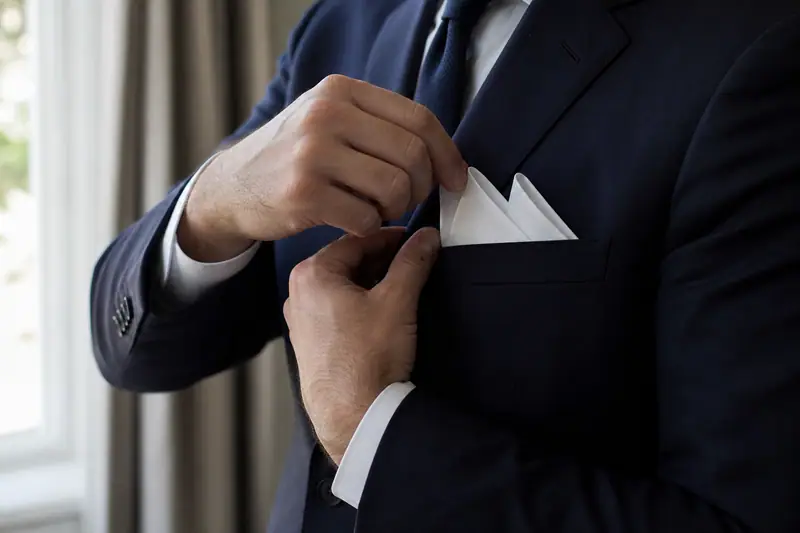 Mains ajustant une pochette blanche en pli présidentiel dans la poche d’un costume bleu marine