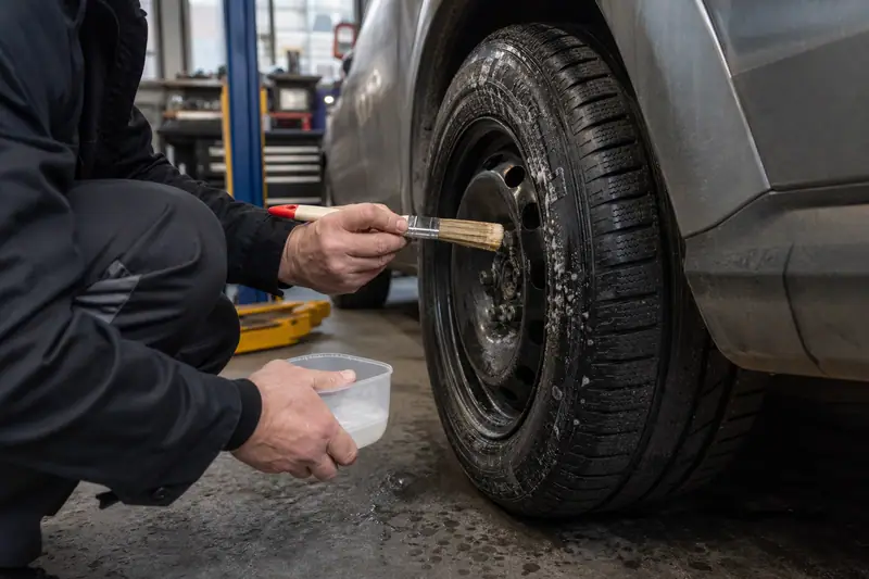 Mécanicien appliquant de l’eau savonneuse sur un pneu de voiture pour détecter une fuite d’air