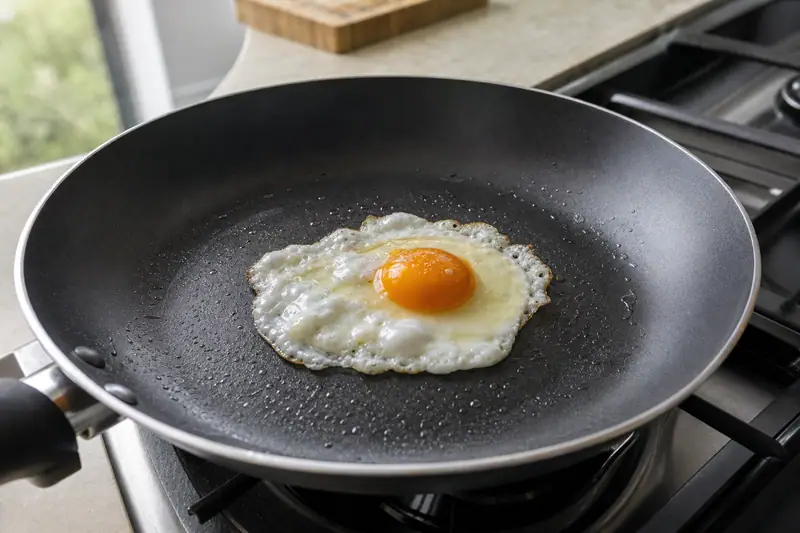 Poêle antiadhésive posée sur une cuisinière avec un œuf au plat en cuisson