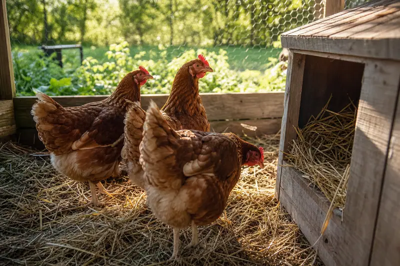 Poules rousses devant un pondoir en bois garni de paille dans un jardin au matin