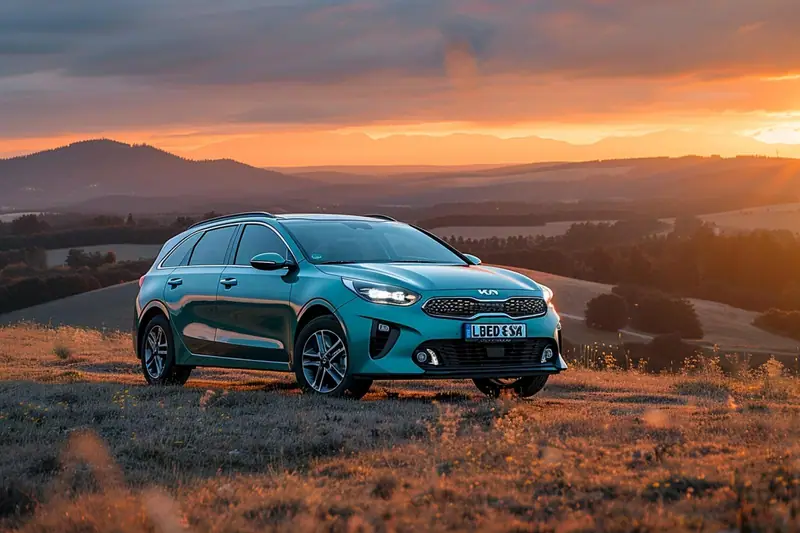 Kia Ceed SW grise chargée de valises devant une maison familiale, vue trois quarts arrière