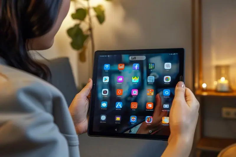 Tablette Android posée sur une table, affichant une fiche technique comparée à un carnet de notes