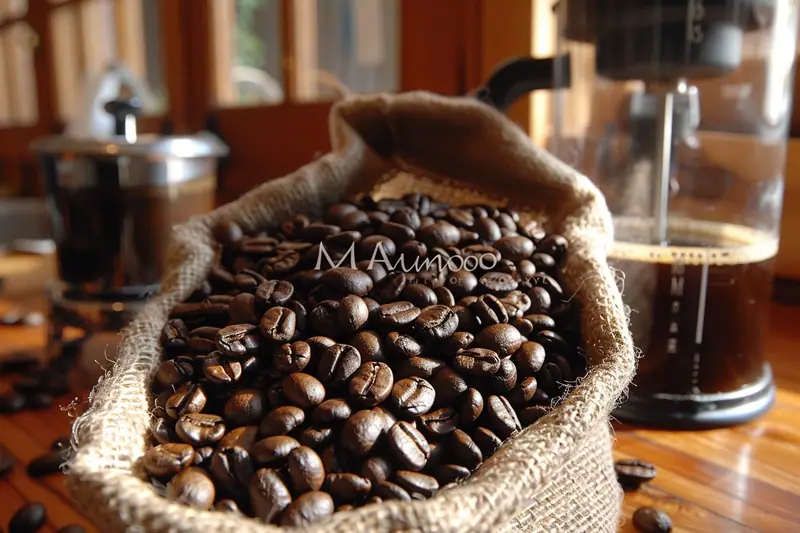 Grains de café fraîchement torréfiés versés près d’un moulin et d’une tasse d’espresso