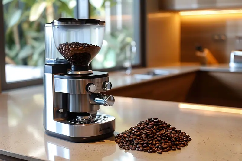 Machine à café professionnelle avec broyeur versant un espresso à partir de grains fraîchement moulus