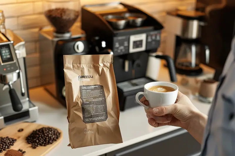 Sac de café en grain et machine expresso avec broyeur sur un plan de cuisine lumineux