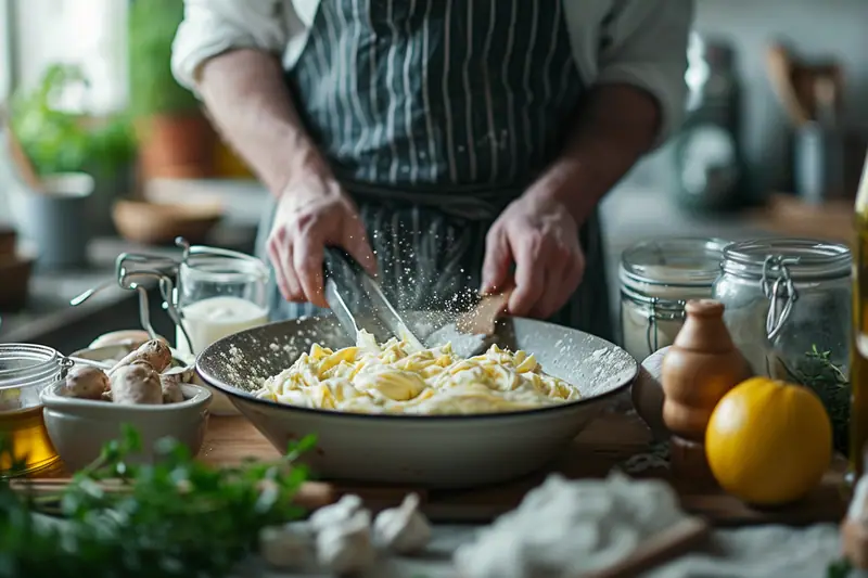 Mayonnaise maison épaisse dans un bol avec fouet, jaune d’œuf et filet d’huile