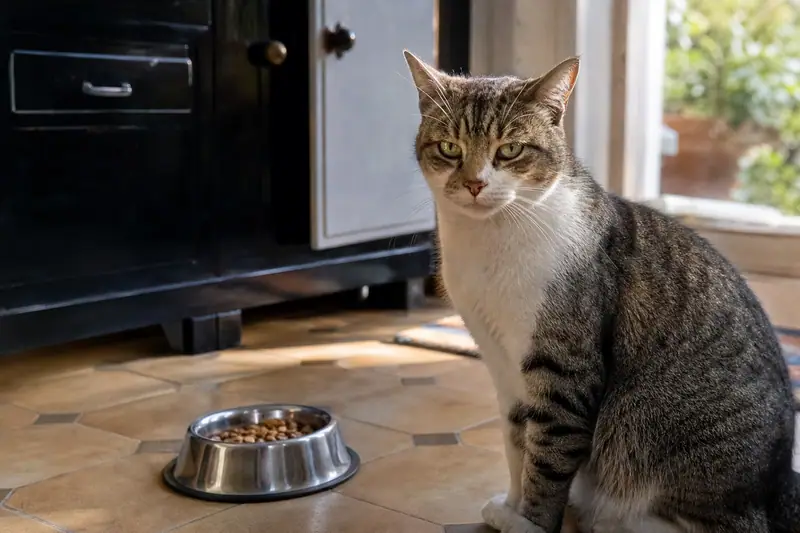Chat domestique attablé près de sa gamelle de croquettes dans une cuisine lumineuse au petit matin