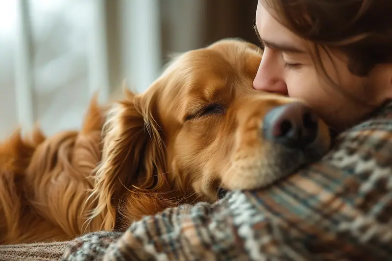 Chien calme léchant brièvement la main de son propriétaire assis dans un salon lumineux