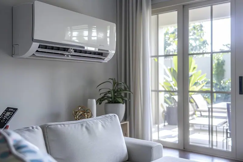 Unité extérieure de climatiseur split installée discrètement sur le mur d’une maison
