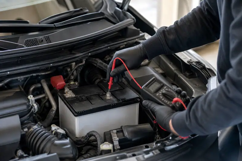 Contrôle de la tension d’une batterie automobile avec un multimètre dans un garage éclairé