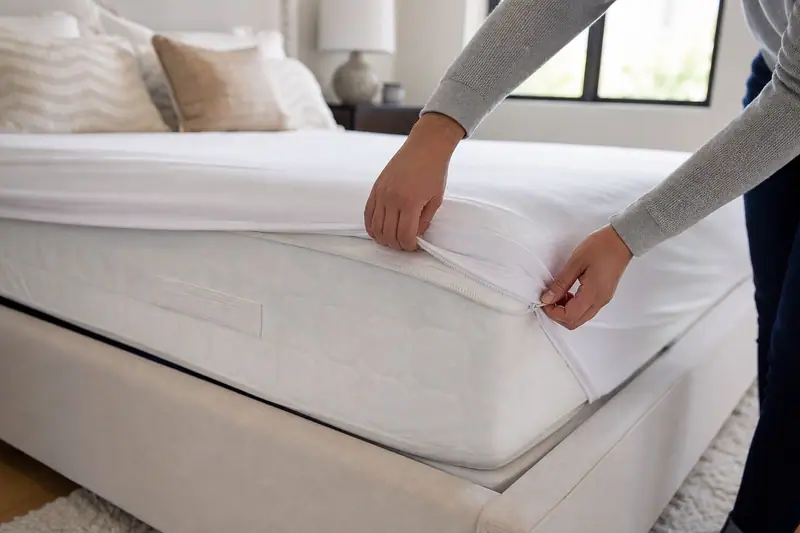 Housse intégrale blanche zippée posée sur un matelas dans une chambre lumineuse