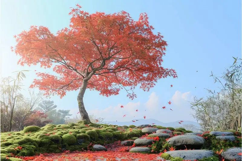 Érable du Japon aux feuilles rouges tombant sur un sol paillé dans un jardin d’automne
