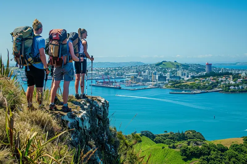 Vue panoramique d’Auckland, de son port et des îles du golfe de Hauraki sous un ciel changeant
