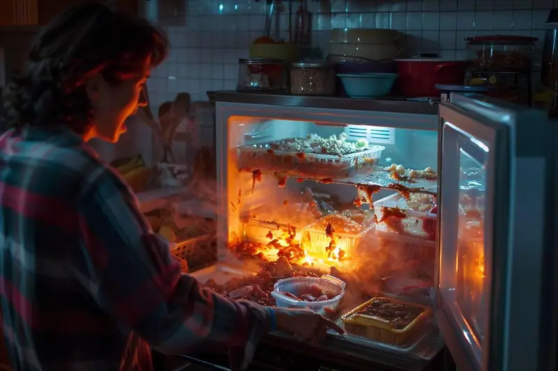 Congélateur ouvert avec thermomètre et glacière, pendant le tri d’aliments après une panne