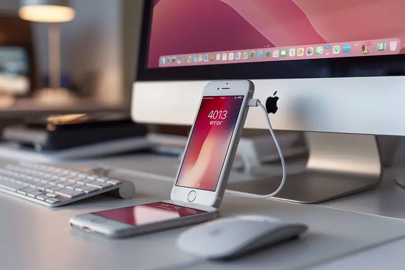 iPhone relié par câble USB à un ordinateur pendant une restauration système