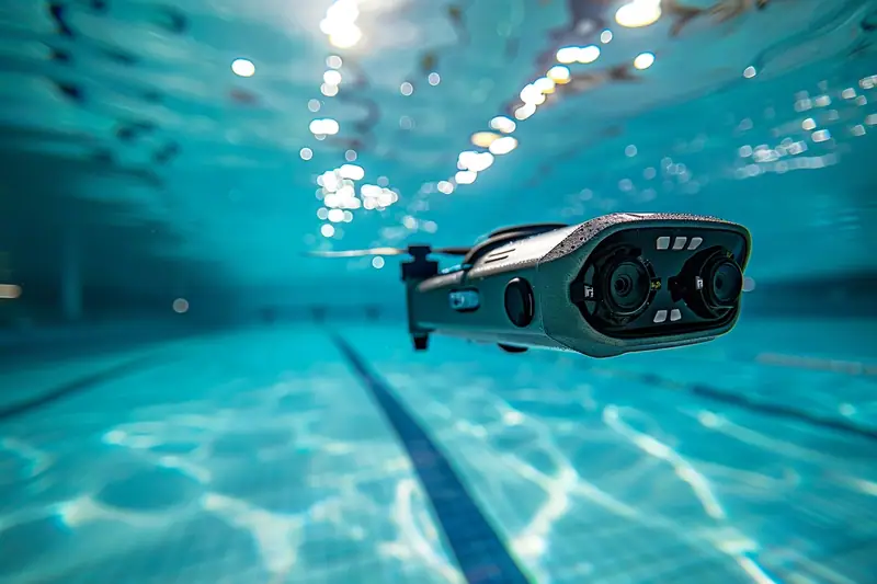 Robot sous-marin filaire filmant un nageur dans un bassin de 50 mètres