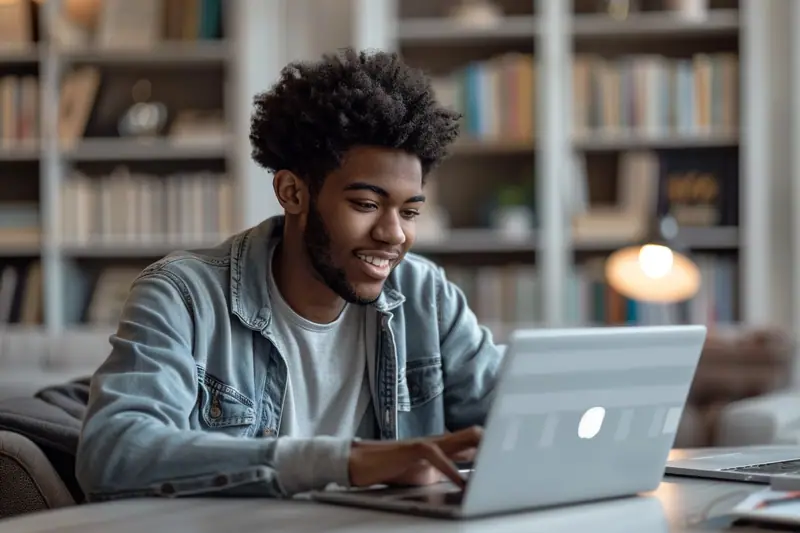 Étudiante comparant les caractéristiques de plusieurs ordinateurs portables sur une table de bibliothèque