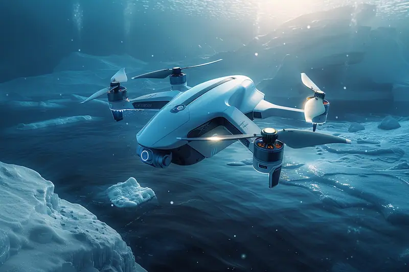 ROV filaire éclairé explorant une paroi de glace sous la banquise dans une eau polaire bleutée